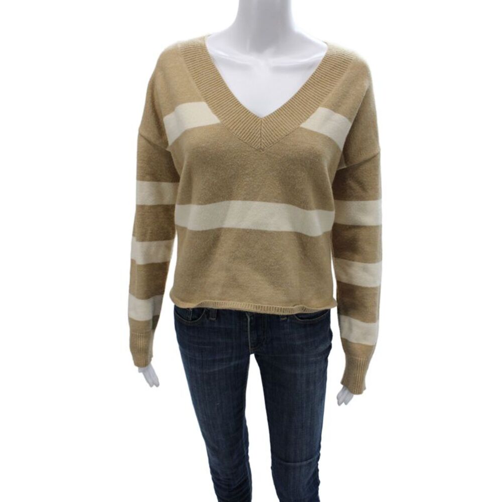 LNA Womens Pullover Sweater Beige V Neck Striped Long Sleeve Size M